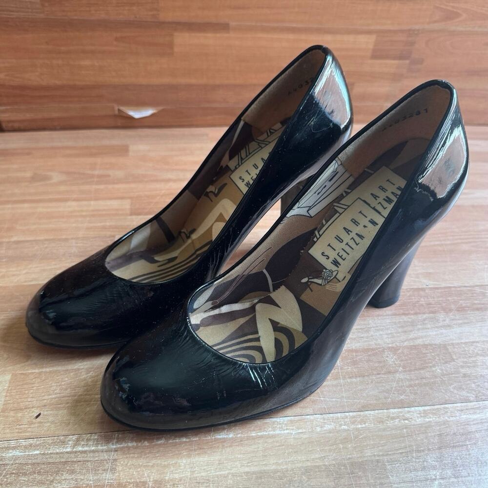"Stuart Weitzman Vintage Black Patent Leather Block-Heel Pumps"